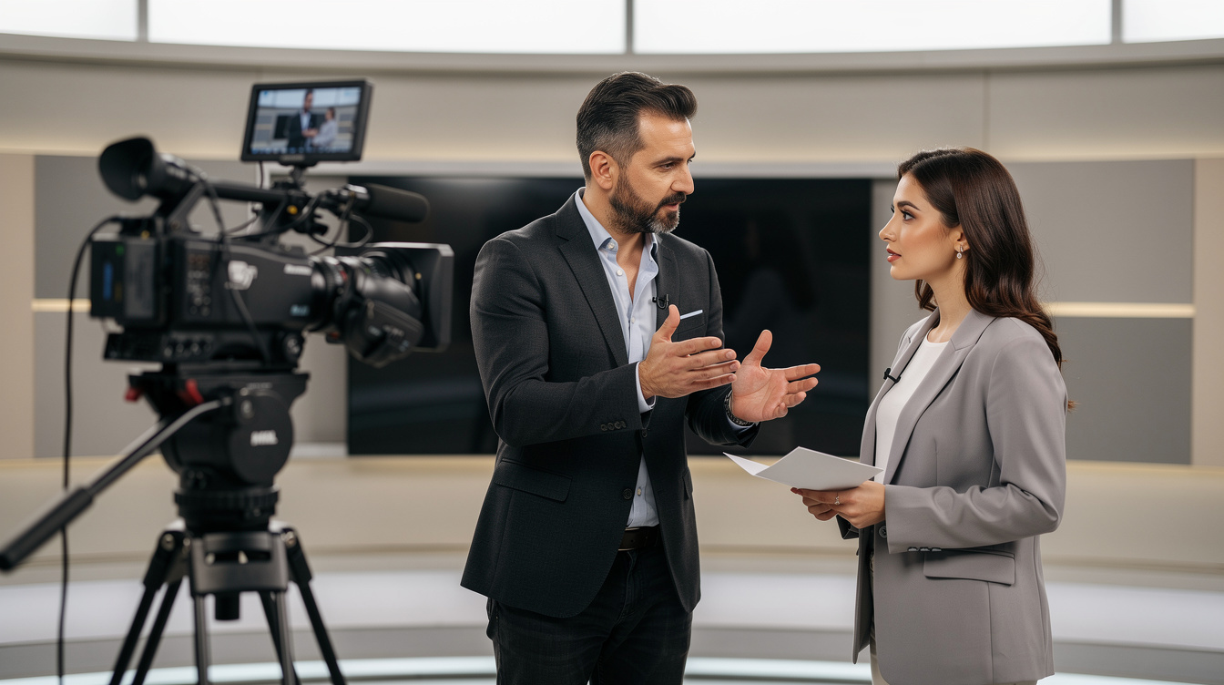 Trainer coaching a TV presenter in a studio
