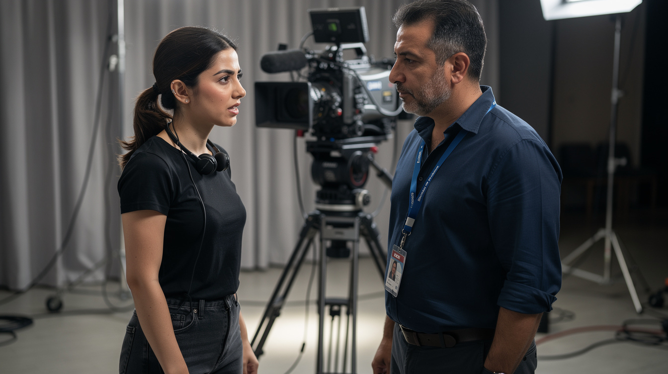 Two TV crew members resolving a disagreement backstage